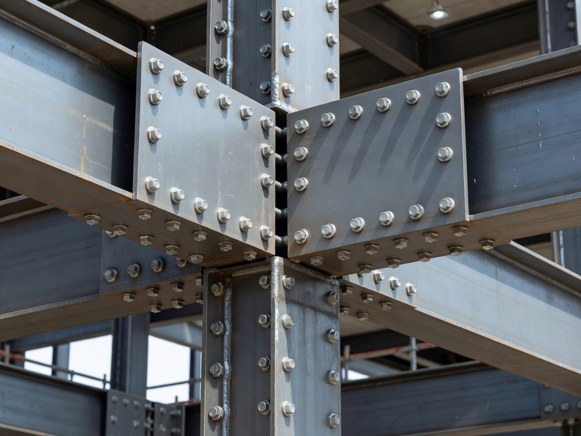 Close-up of structural steel plates and bolts in a high-rise construction connection