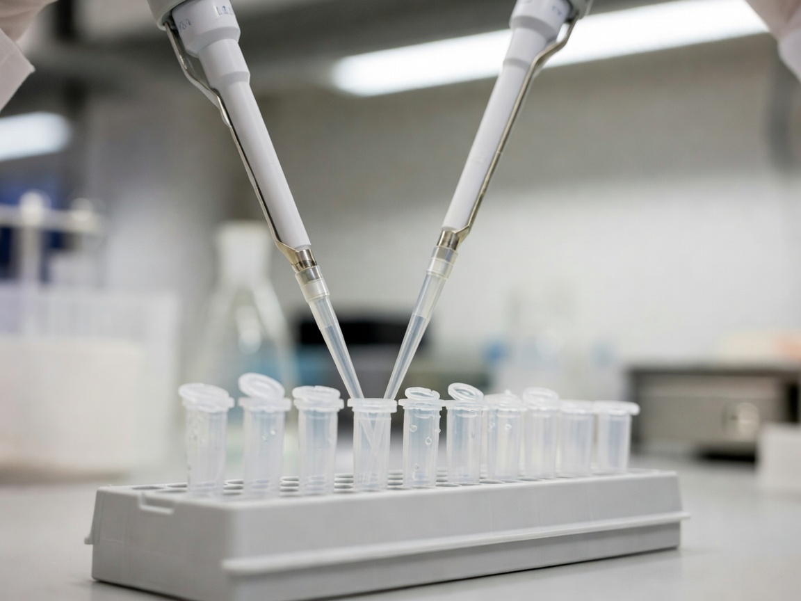 Micropipette tip positioned above labelled laboratory sample tubes