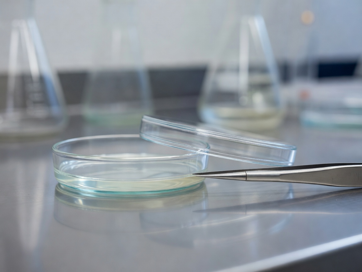 Close-up of a laboratory Petri dish beside a metal laboratory instrument