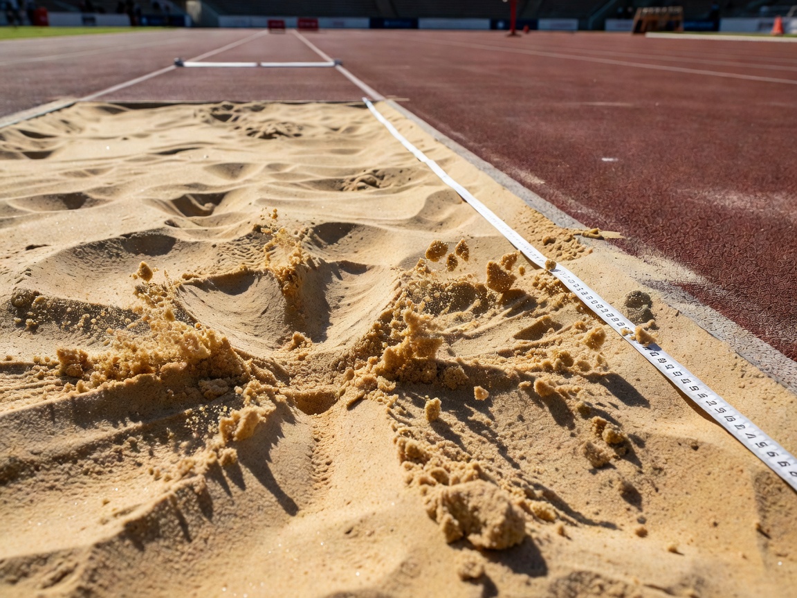 Measuring tape beside a long-jump landing area with disturbed sand