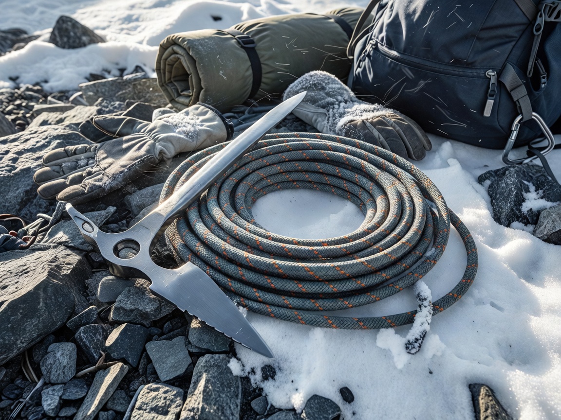 Ice axe head and coiled climbing rope laid out with expedition equipment