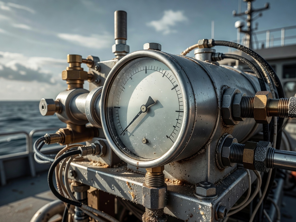 Pressure gauge and metal fittings on ocean research equipment