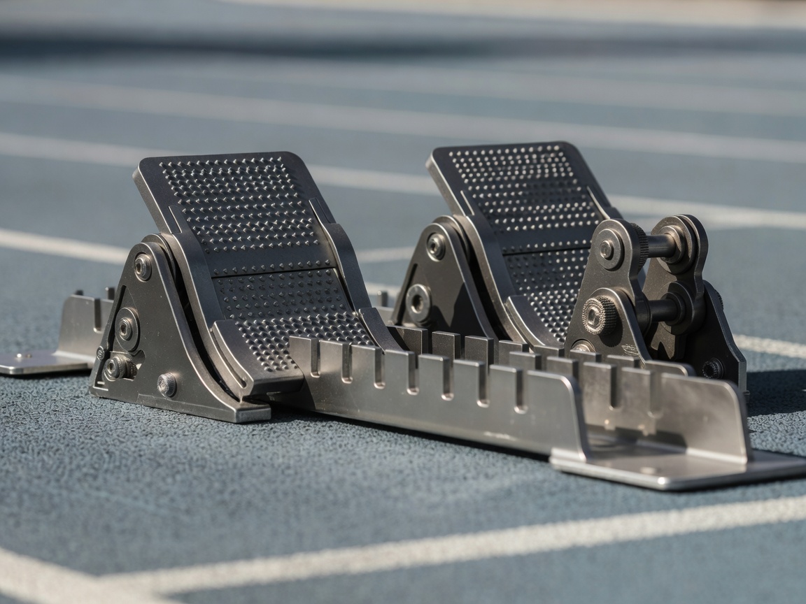 Close-up of adjustable footplates on sprint starting blocks
