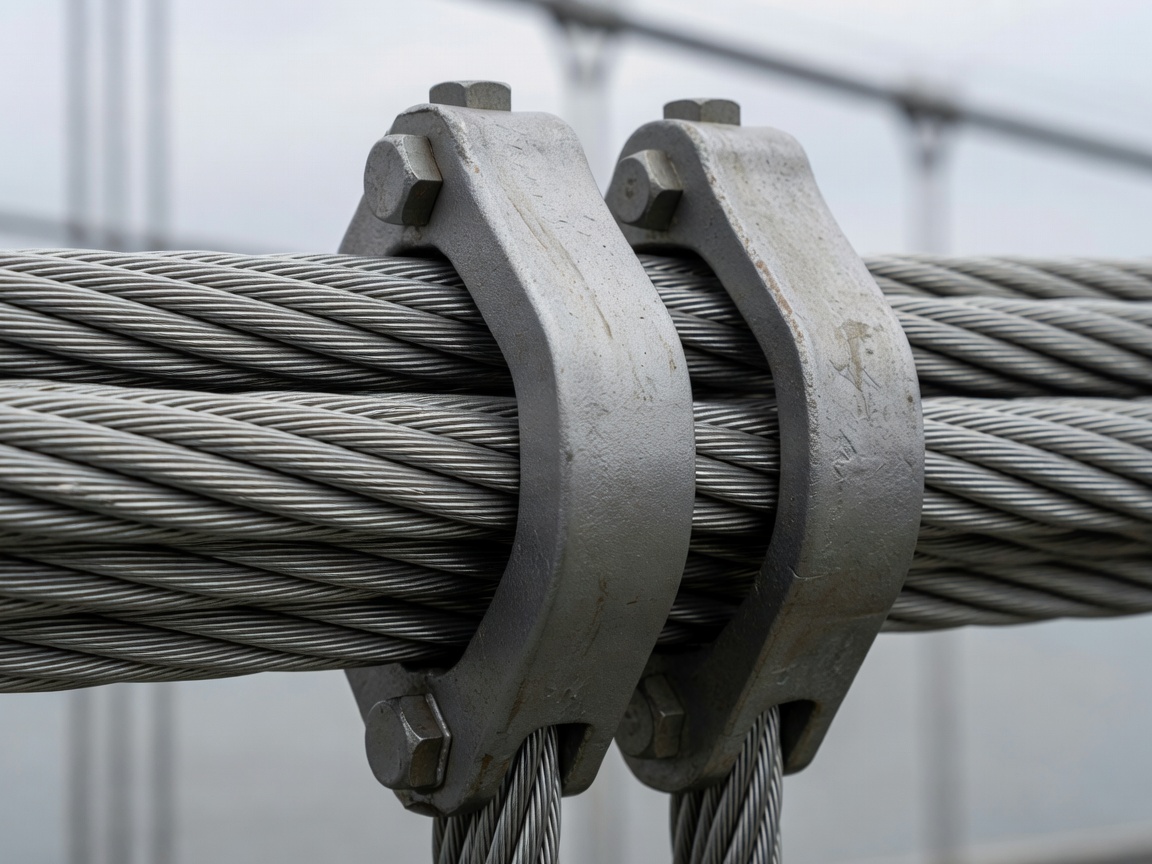 Steel cable clamp and suspension bridge cable wires in close-up